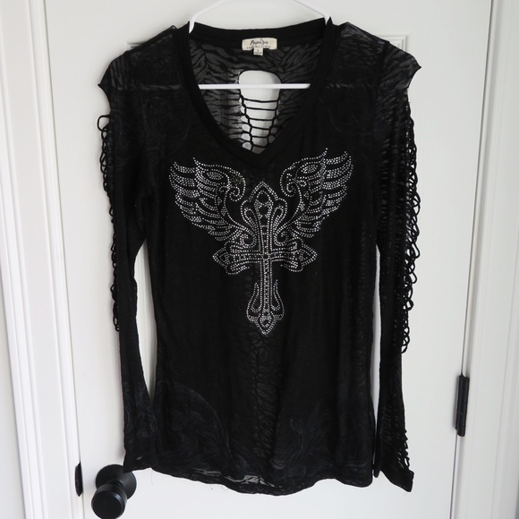 Papaya Tops - Papaya Ripped Embellished Black Long Sleeve Shirt Size Large Grunge Punk Emo